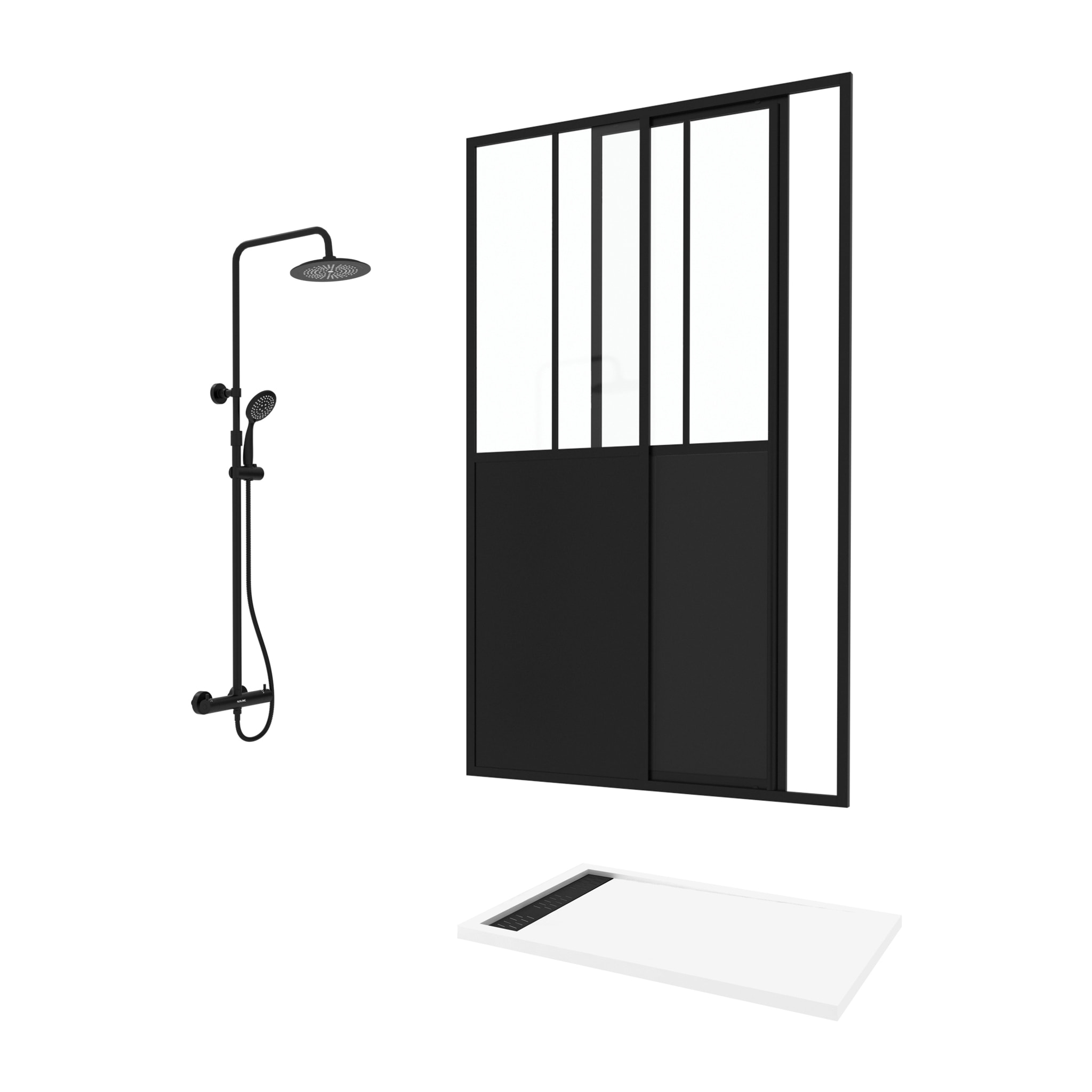Pack Porte Coulissante Noir Mat + Receveur Blanc 120x80x204 cm et Colonne de Douche Thermostatique
