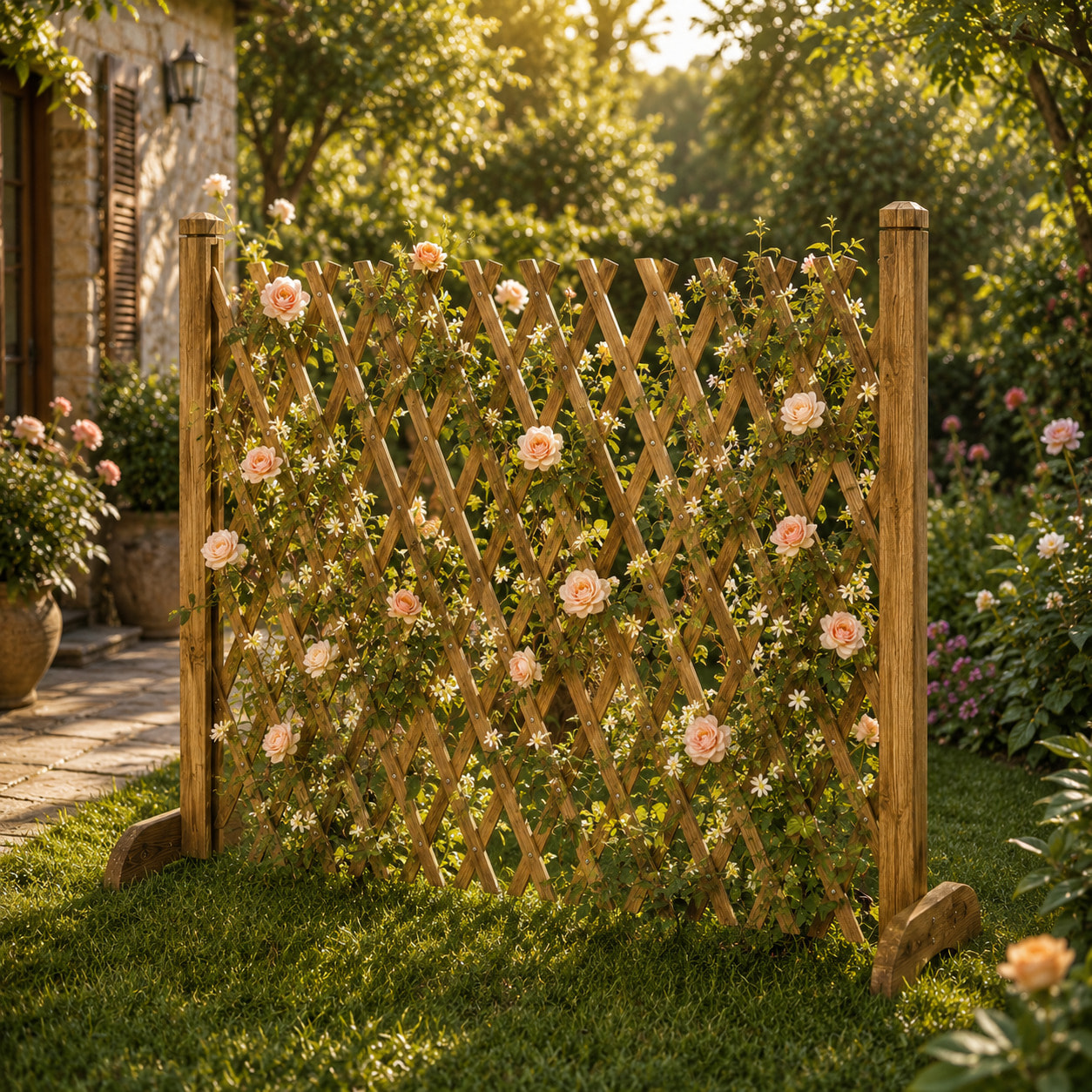 Griglia In Legno Pannello Estensibile Fino a 120 Cm Grigliato Divisorio Separè Alto 150 Cm Autoportante Per Balcone Giardino Terrazzo Piscina