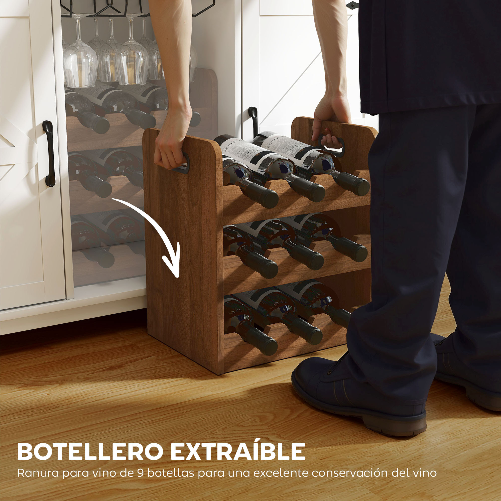 Aparador de Cocina con Botellero, Aparador con 2 Puertas de Granero, Estantes Ajustables y Soporte para Copas, para 9 Botellas, Buffet Auxiliar de Cocina para Comedor, Salón 120x37x88 cm Blanco