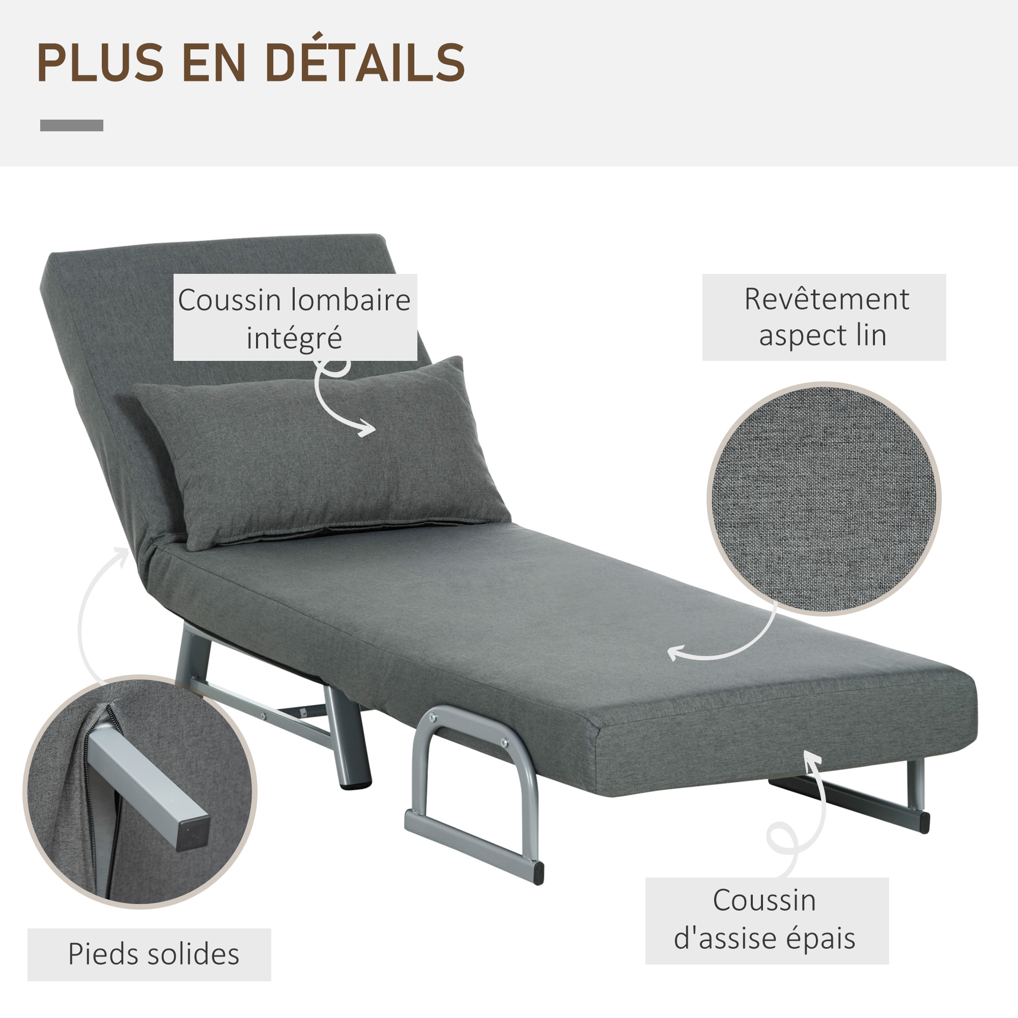 Fauteuil chauffeuse canapé-lit convertible inclinable 1 place grand confort coussin lombaires accoudoirs piètement métal lin gris foncé