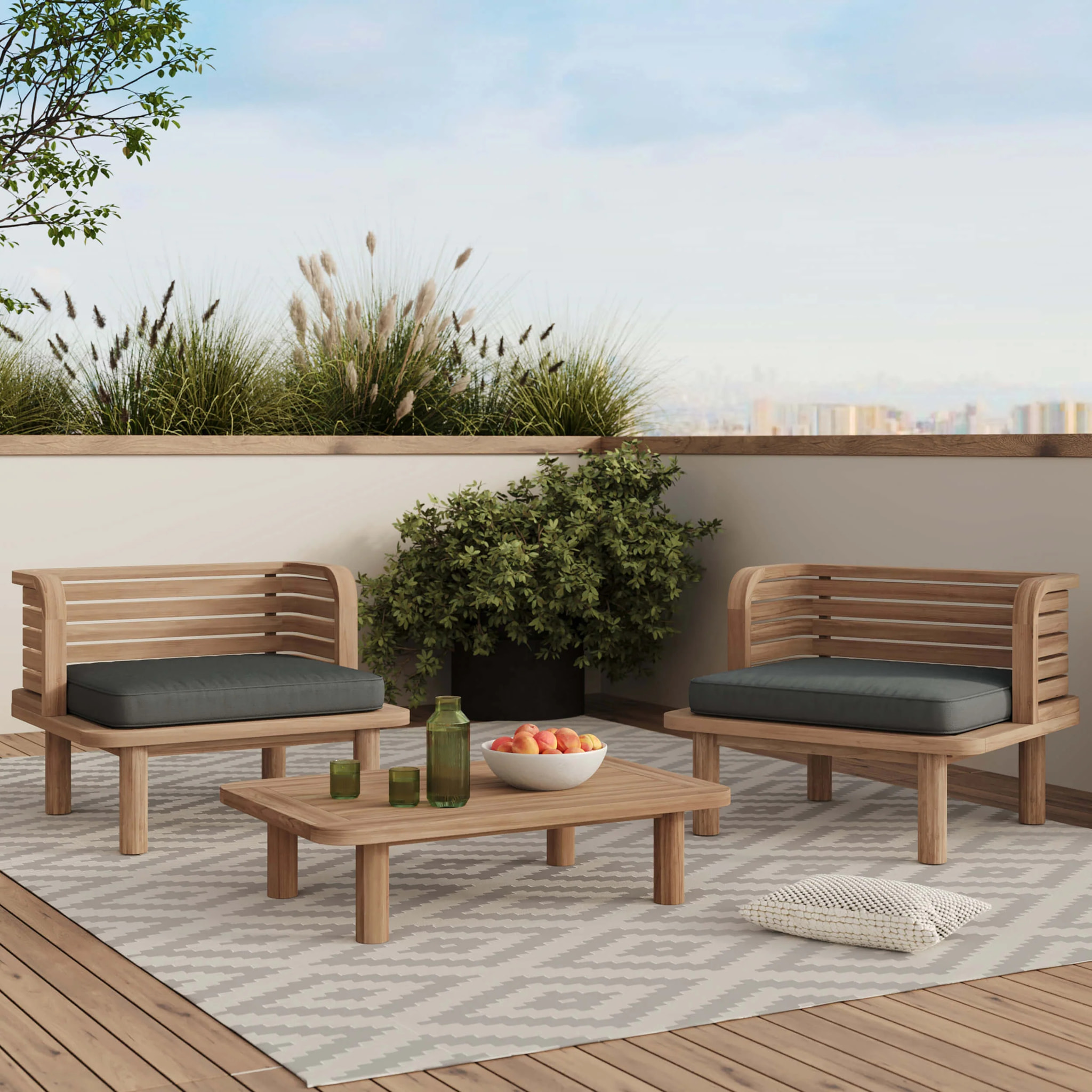 Salon de jardin 2 places en teck et tissu gris, 2 fauteuils - Kilda