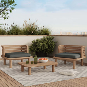 Salon de jardin 2 places en teck et tissu gris, 2 fauteuils - Kilda
