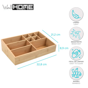 Organizador de Maquillaje 10 Compartimentos de Bambú Beige – Ecológico, Multifuncional y Elegante para Tocador o Escritorio