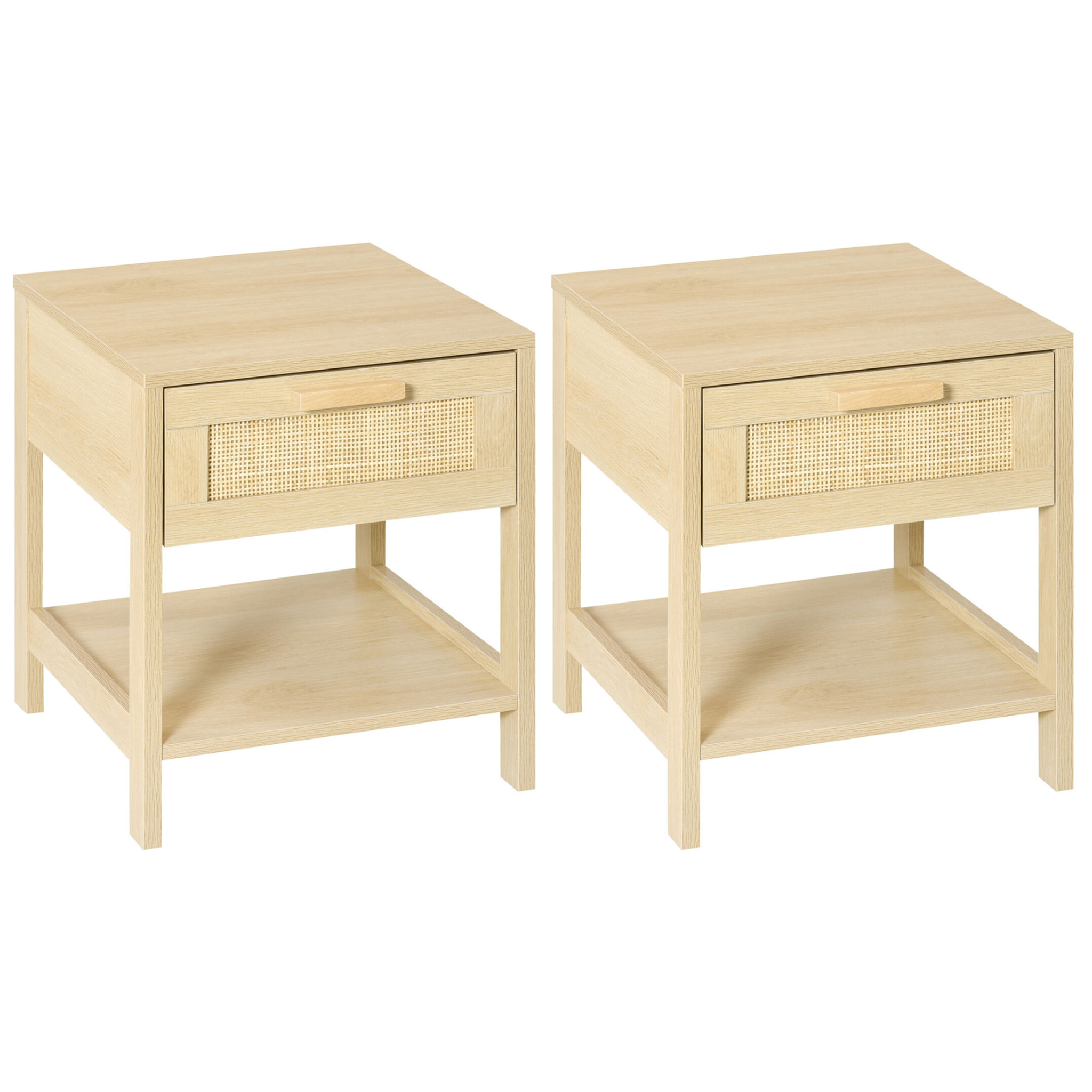 Conjunto 2 Mesitas de Noche Mesillas de Noche con Cajón de Ratán y Estante Inferior Carga 40 kg para Dormitorio Sala 40x40x48 cm Natural