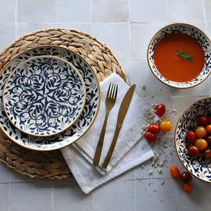 Service de table 48 pièces en grès blanc et bleu HERACLEE