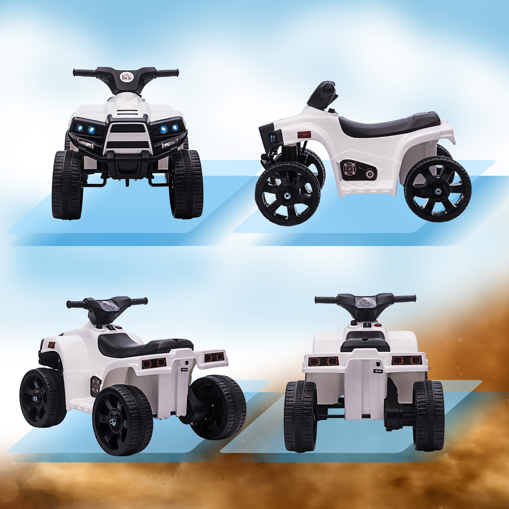 Quad Eléctrico para Niños 18-36 Meses Cuatrimoto Infantil a Batería 6V con Faros Bocina Velocidad 0-3 km/h Avance y Retroceso 65x40x43 cm Blanco