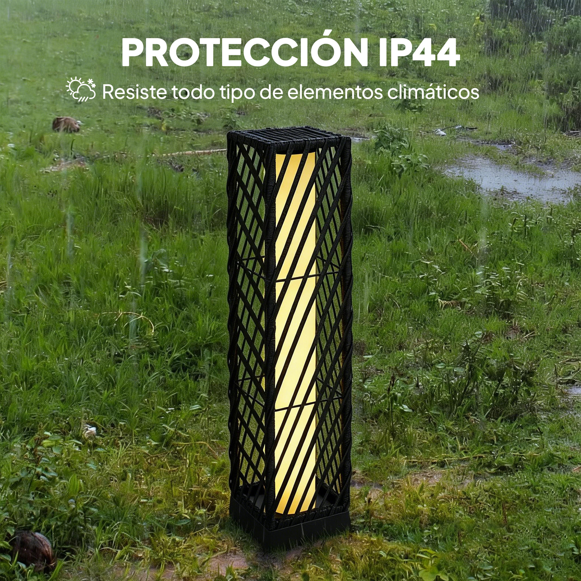 Linterna de Jardín de Ratán, Farola Solar Exterior con Luces LED Encendido y Apagado Automático, Impermeable, IP44, Lámpara de pie para Terraza, Balcón, Patio, 16x16x68 cm, Negro