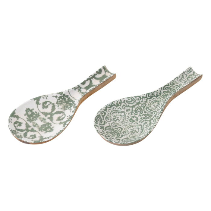 J-Line Repose-cuillère - bois - vert/blanc - 2 pièces