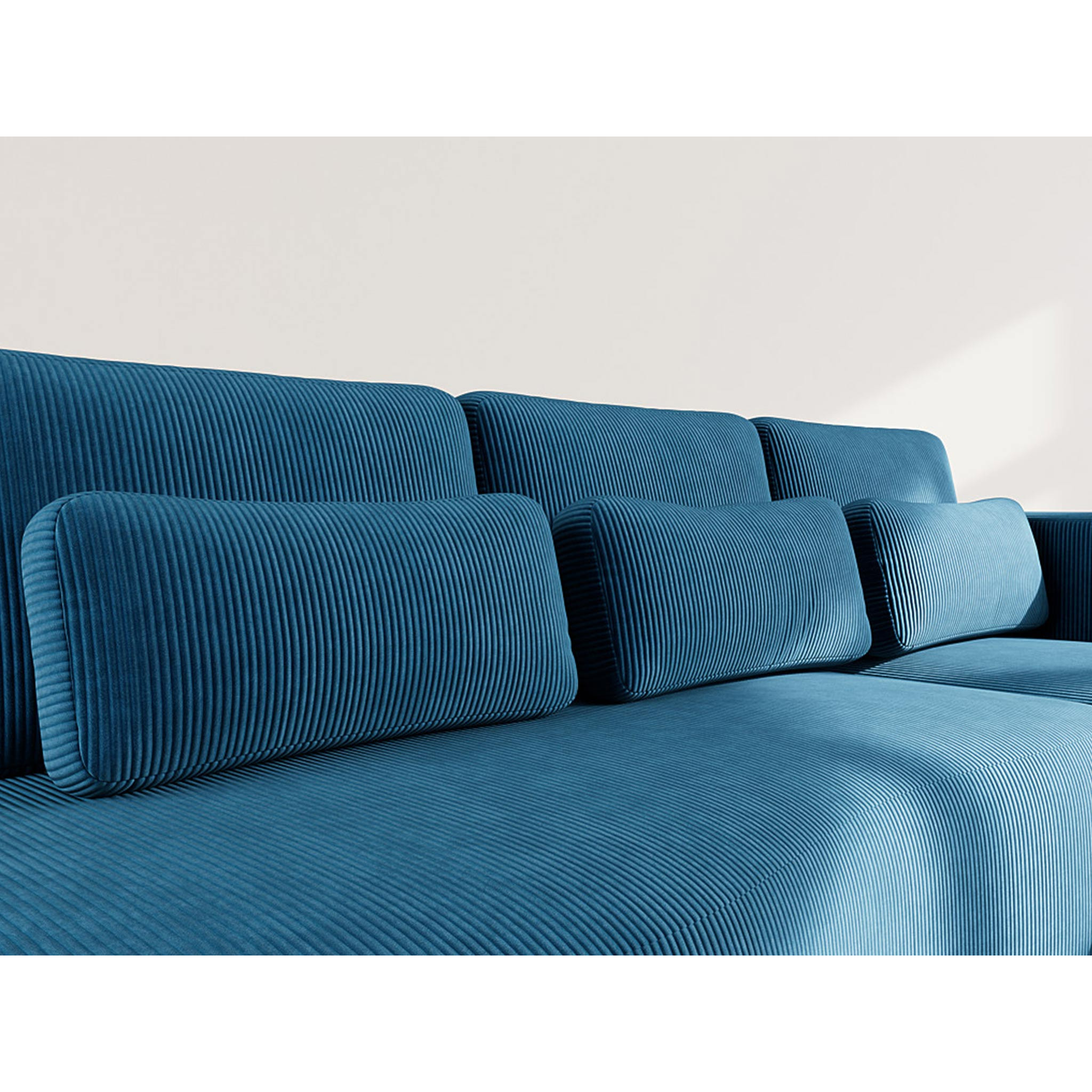 Mahina - canapé d'angle droit 4 places convertible avec coffre en velours côtelé - Bleu