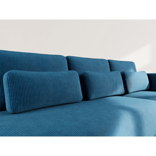 Mahina - canapé d'angle droit 4 places convertible avec coffre en velours côtelé - Bleu