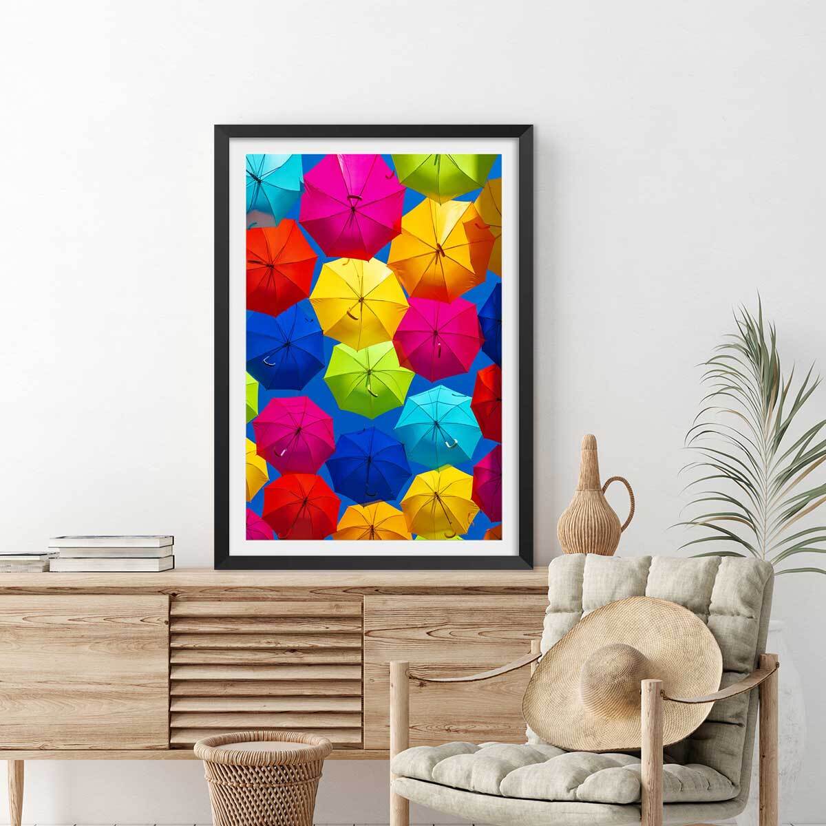 Affiche ciel de parapluies Affiche + cadre en bois - Noir