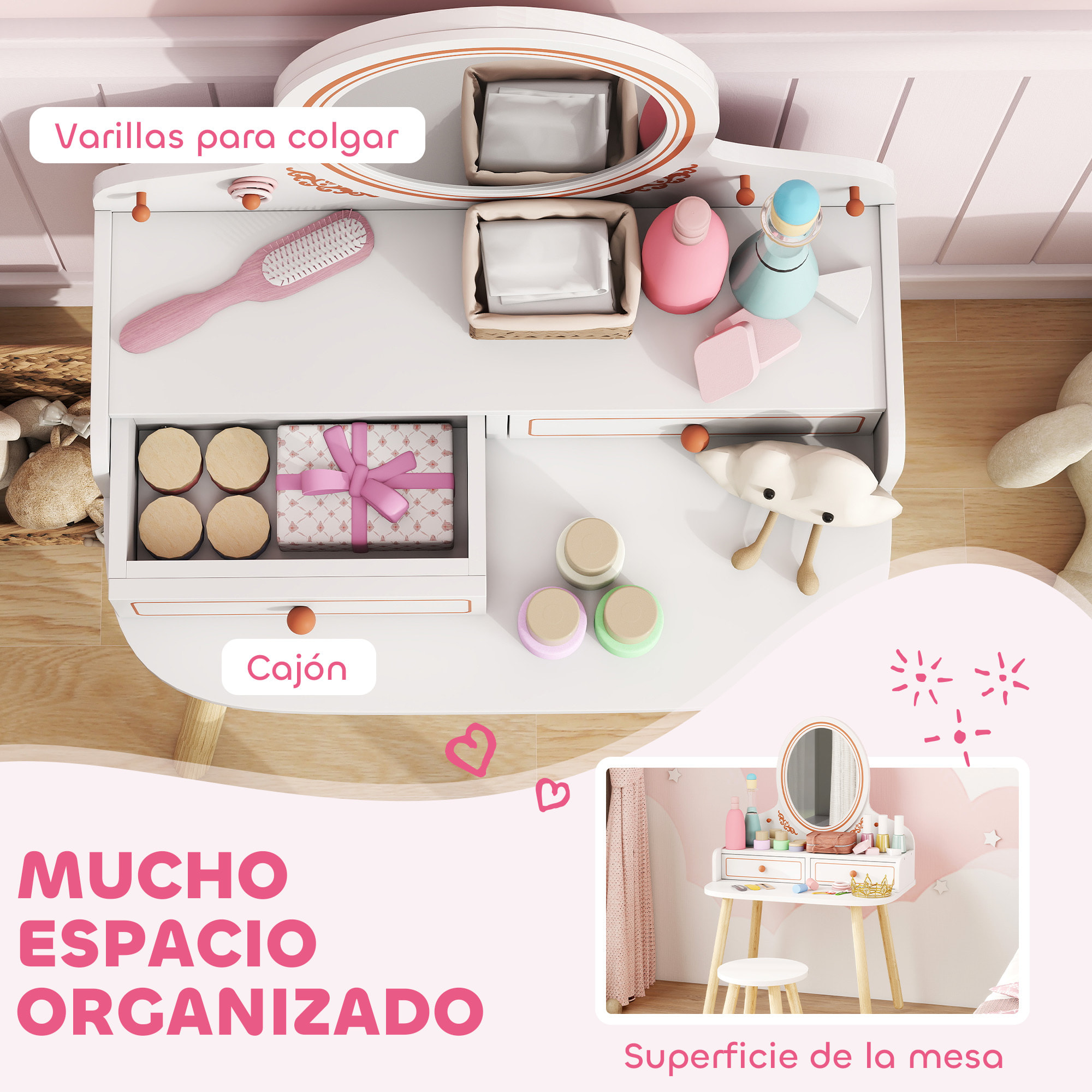 Tocador de Maquillaje Niña, Tocador Infantil con Taburete y Espejo, 2 Cajones y Barras Colgantes, para Niños de 3 a 8 Años, Blanco