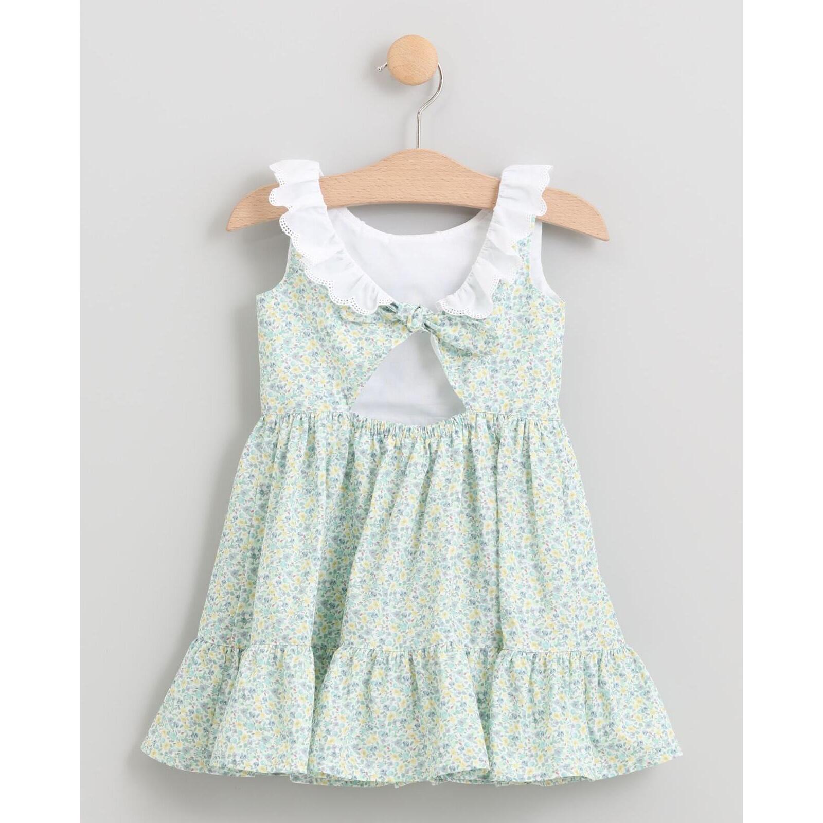 VESTIDO DE FLORES AZULESCON VOLANTE EN ESCOTE BORDADO