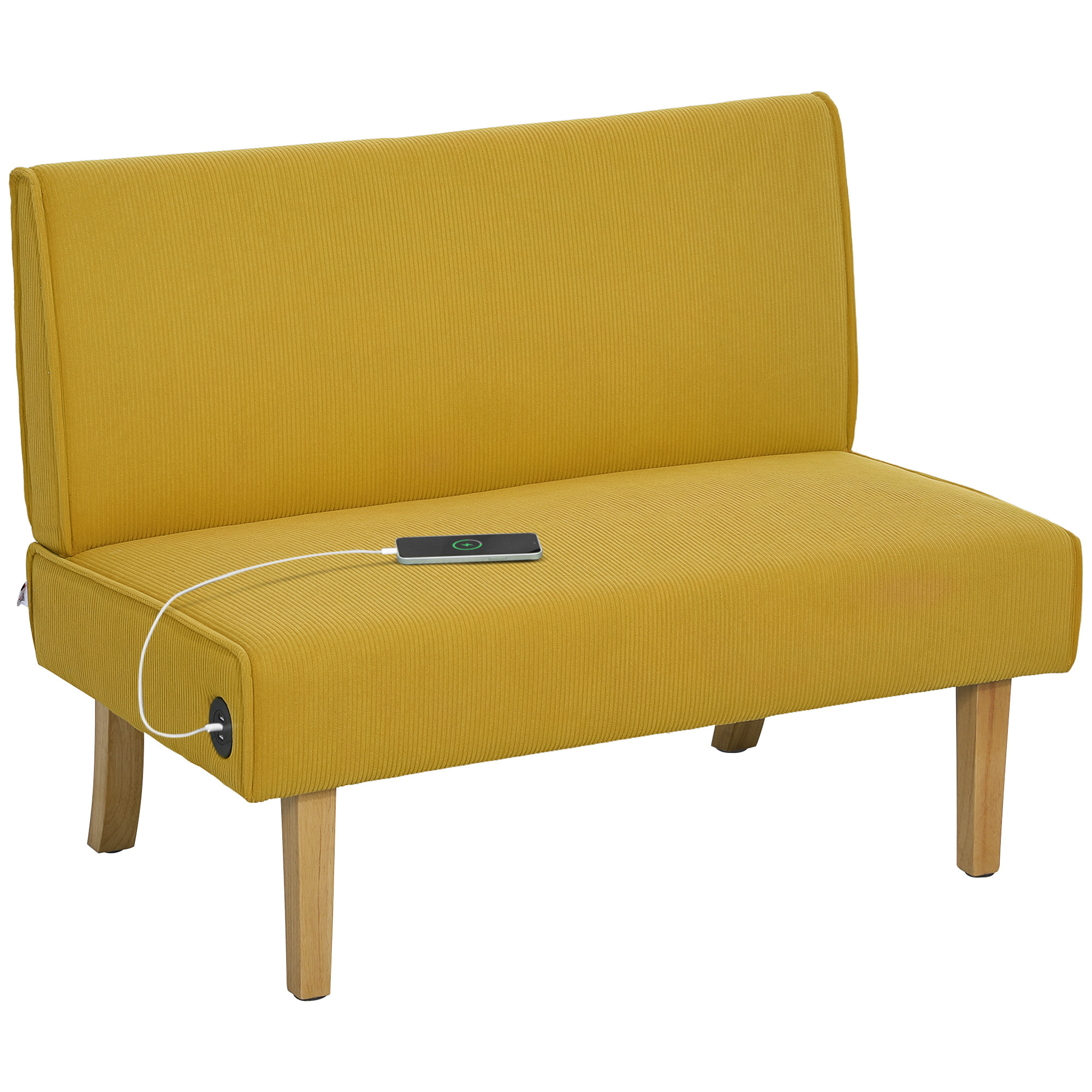 Sofá de 2 Plazas Tapizado en Pana Sofá de Salón sin Brazos con 2 Puertos USB 1 Puerto Tipo-C y Patas de Madera Sofá Pequeño Carga 240 kg 110x60x85 cm Amarillo