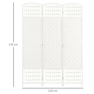 Biombo Separador de Ambientes de 3 Paneles 120x170 cm Divisor de Habitación Plegable de Cuerda de Papel y Marco de Madera Decoración para Dormitorio Salón Blanco