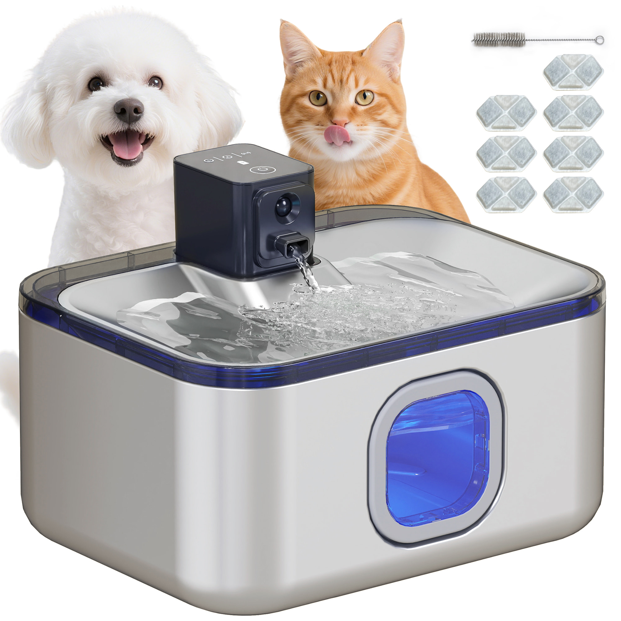 Fuente para Gatos de Acero Inoxidable 5L Bebedero Gatos Automático Fuente de Agua para Múltiples Mascotas con Luz LED Bomba Súper Silenciosa Sensor de Movimiento y Filtro de 3 Etapas