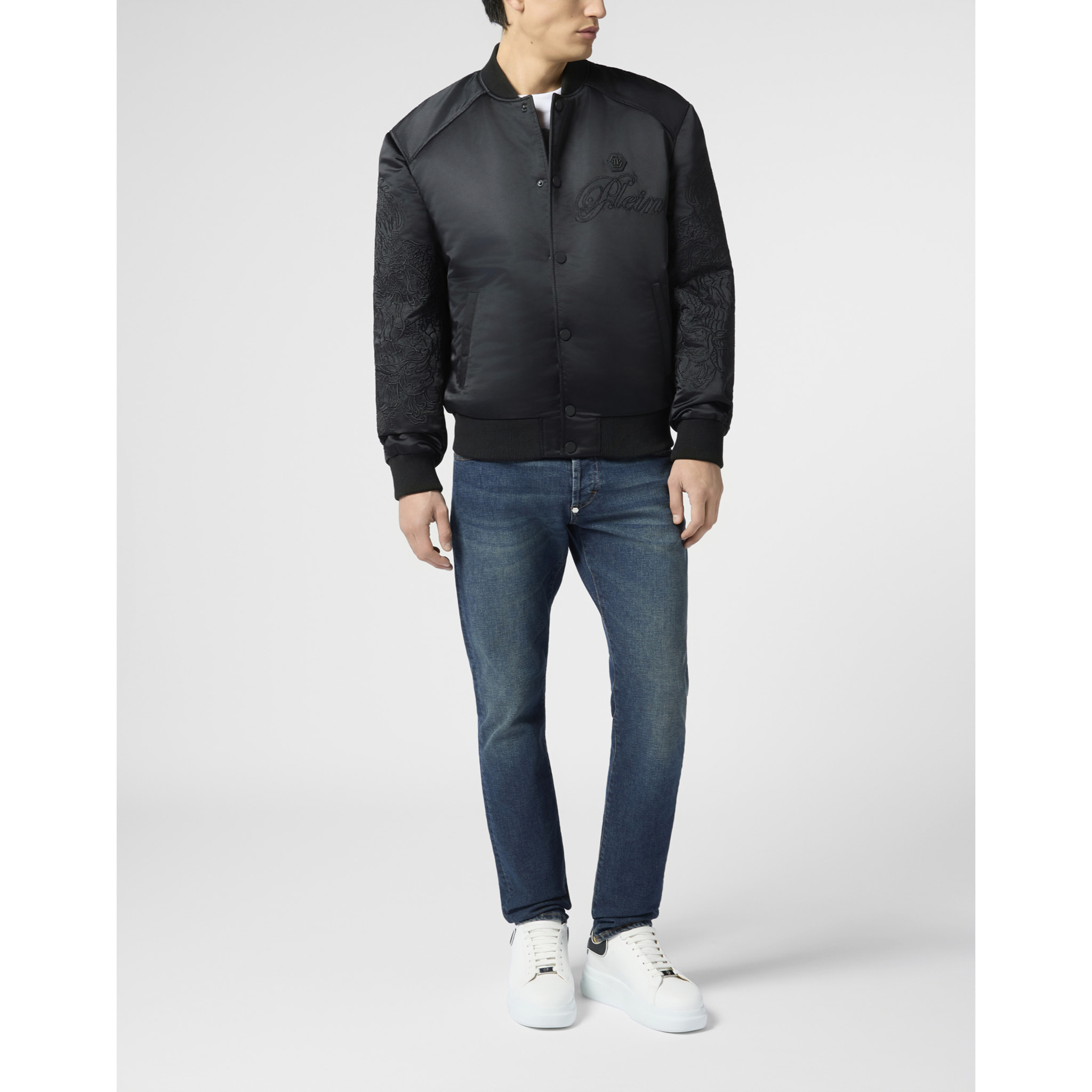 PHILIPP PLEIN Satin Bomber Jacket Skull Dragons Dragons