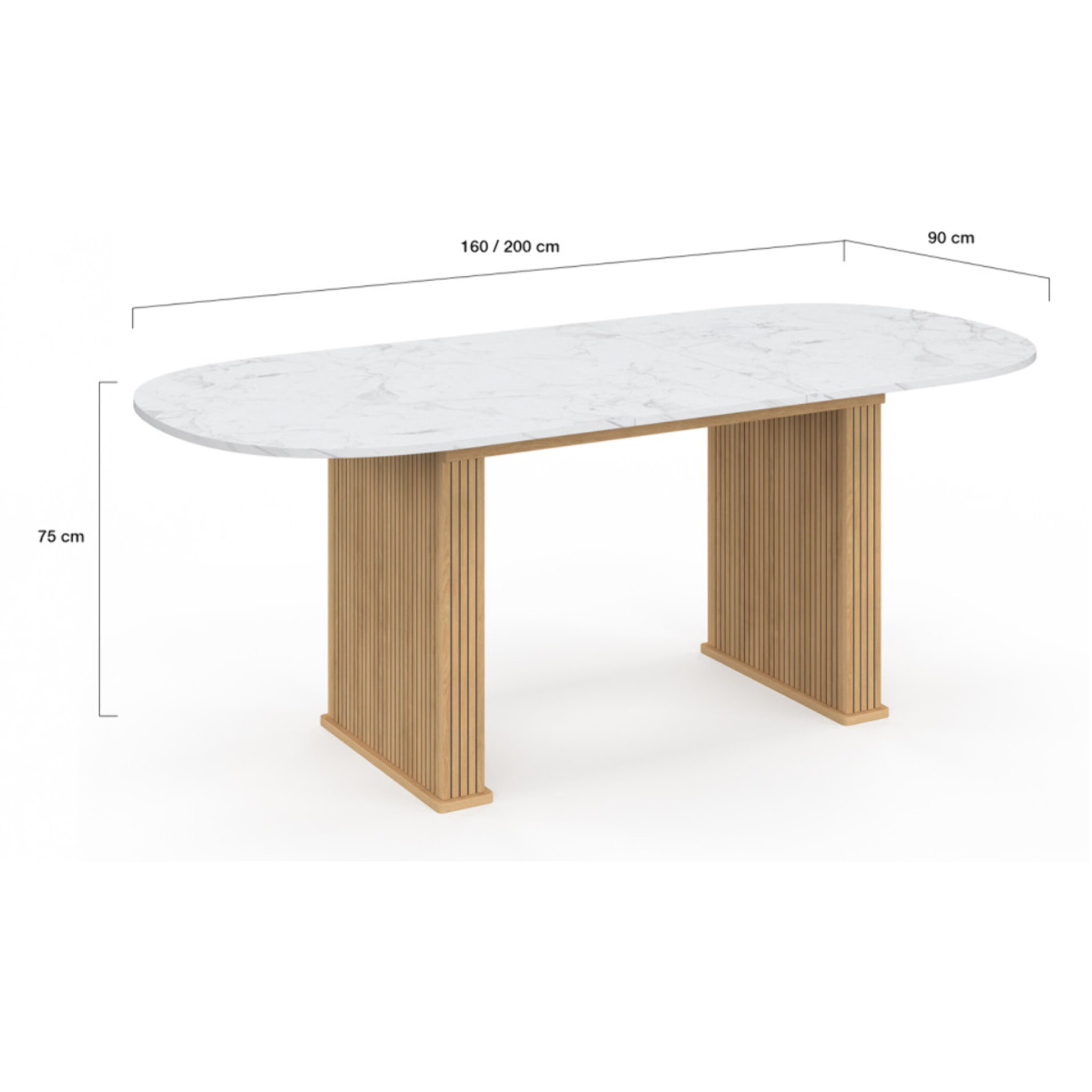 Table à manger extensible Marceau effet marbre blanc et pieds lattes 160-200cm