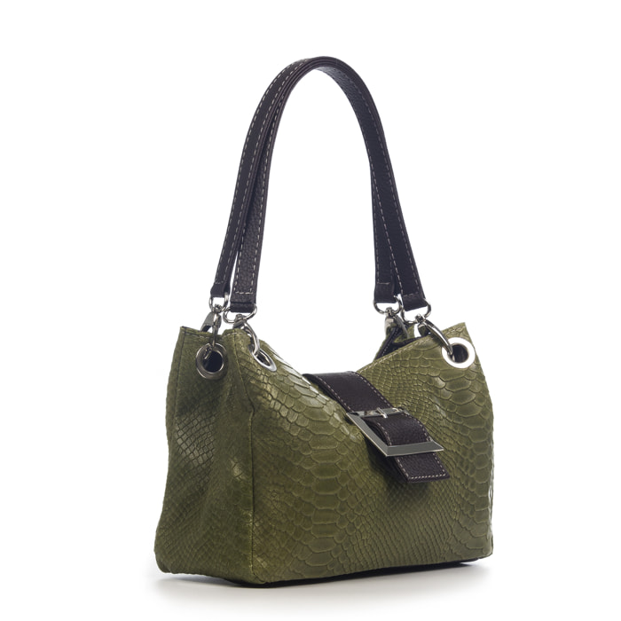 FIRENZE ARTEGIANI Anzio Borsa a Spalla da Donna. Vera Pelle Scamosciata Incisione Serpente Made in Italy 28x12x17 Cm. Colore: verde oliva
