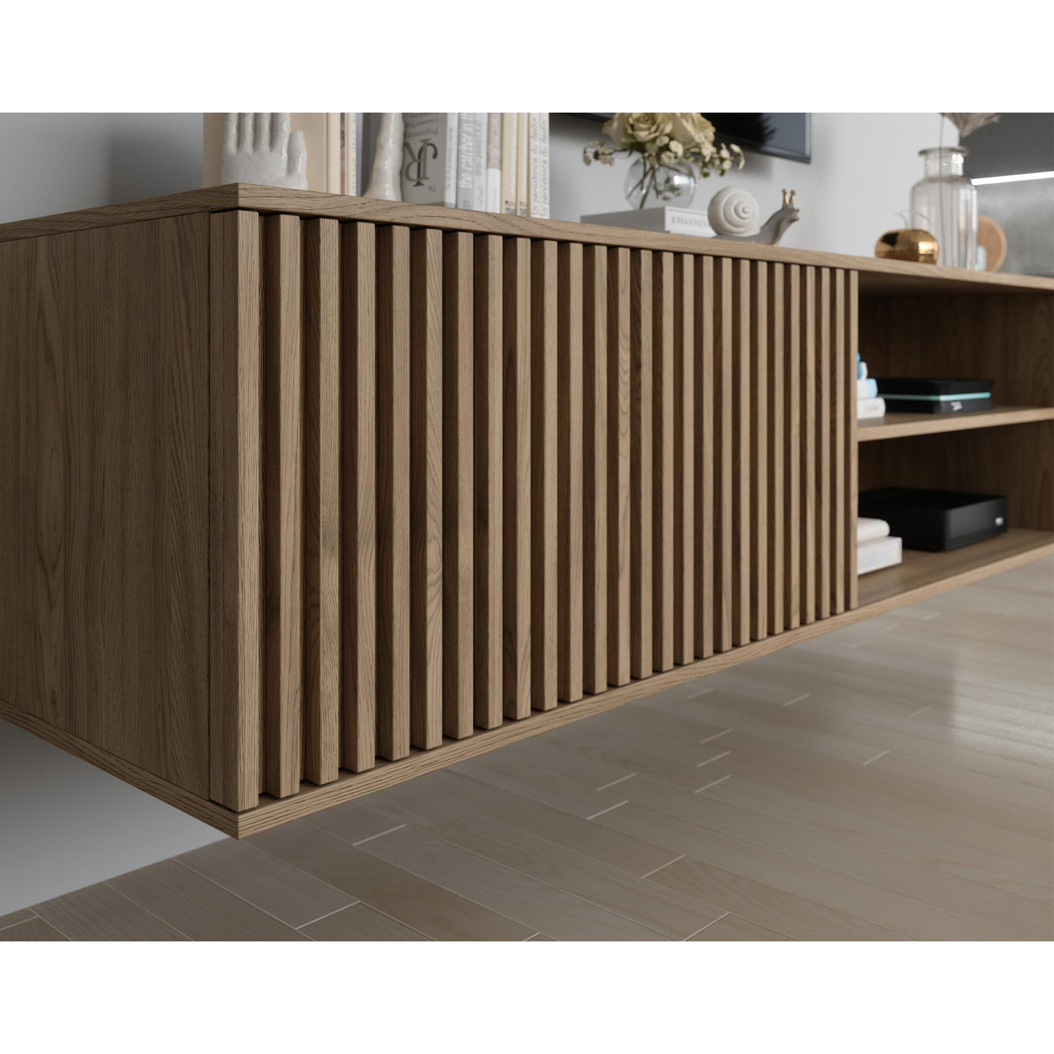 Portmore - meuble TV suspendu - effet bois - 2 niches et 1 porte - 150 cm - Bois