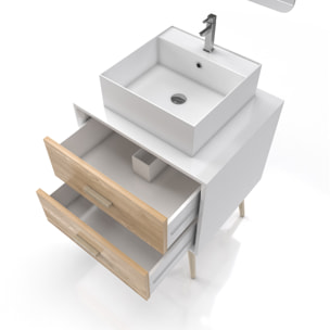 MEUBLE SALLE DE BAIN SCANDINAVE BLANC ET BOIS NATUREL 60cm AVEC TIROIRS, VASQUE A POSER - MIROIR
