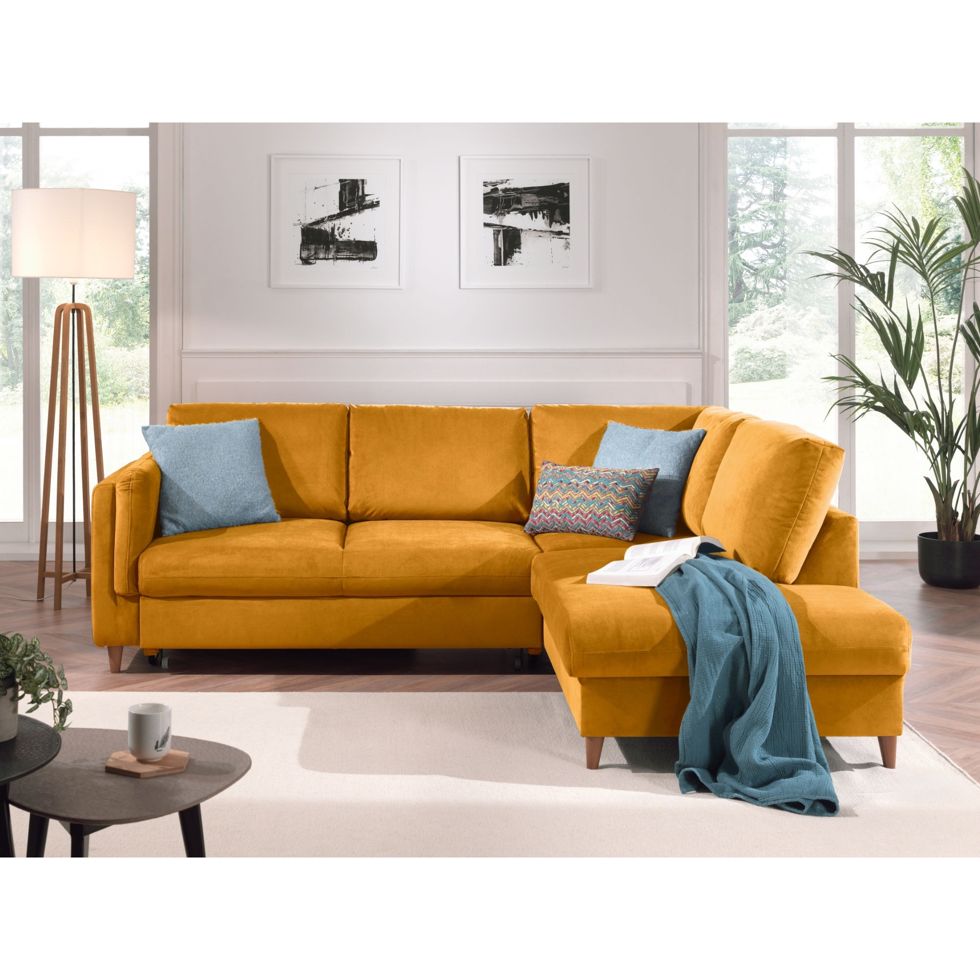 Brooke - canapé d'angle droit - convertible - 5 places - en velours - Jaune