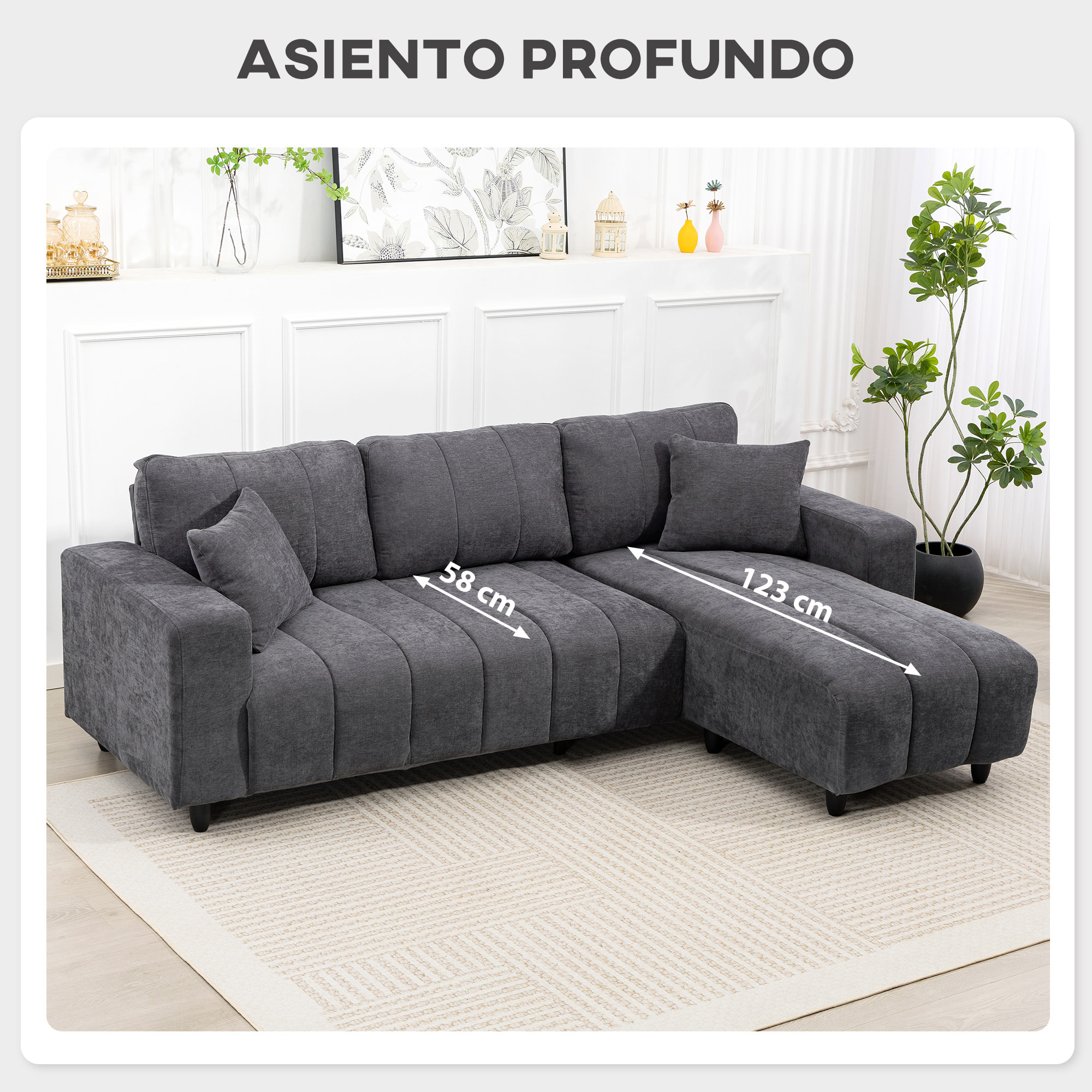 Sofá Chaise Longue Reversible, Sofá Esquinero en Forma de L de 3 Plazas, 2 Almohadas, Tapizado en Lino, Marco de Acero, para Salón, 242x156x87 cm, Gris Oscuro