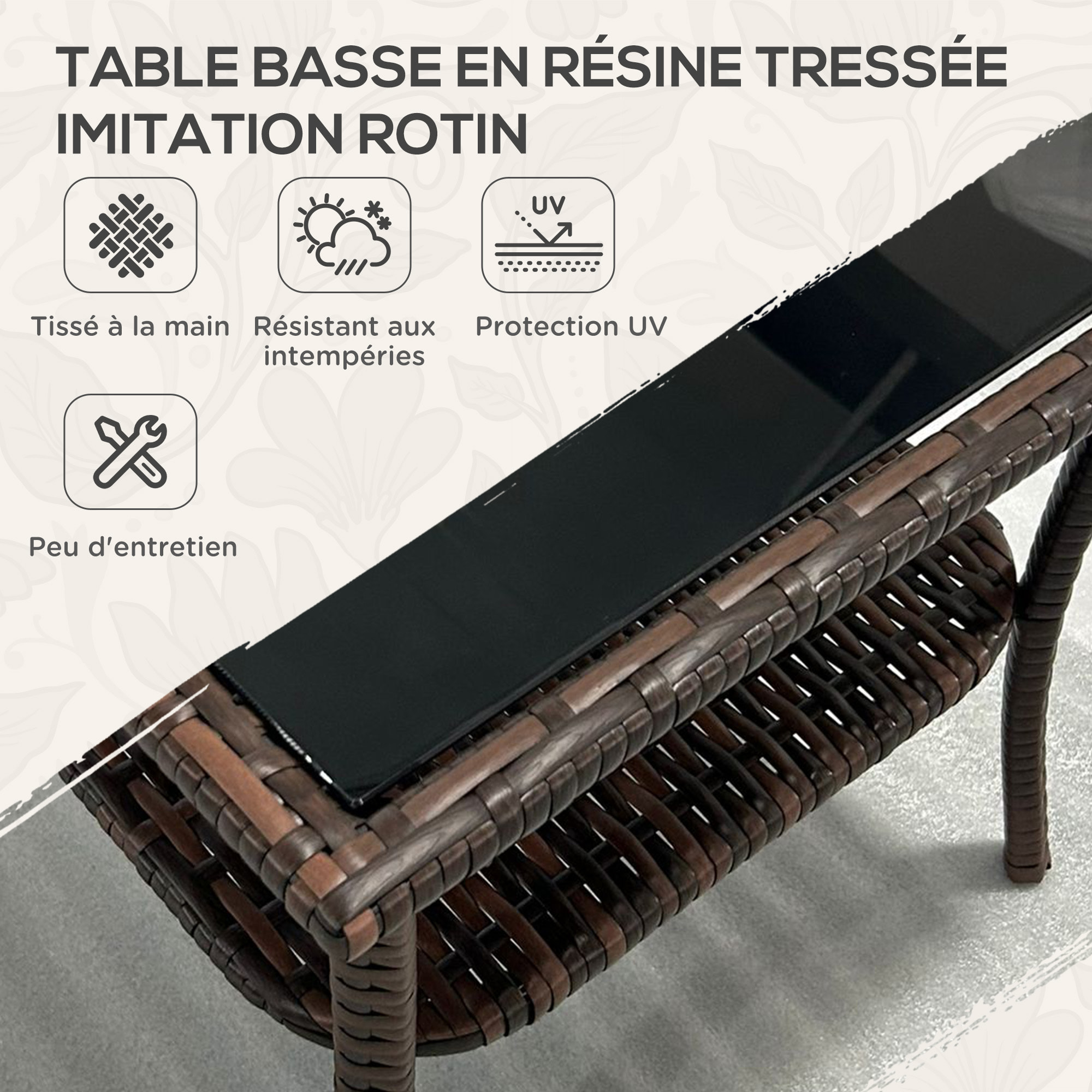 Table basse de jardin avec étagère et plateau verre trempé dim. 50 x 50 x 45 cm résine tressée chocolat