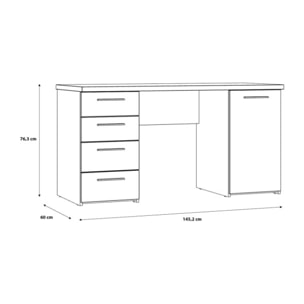 Bureau droit 1 porte 4 tiroirs effet chêne rustique L145 cm - CANDY