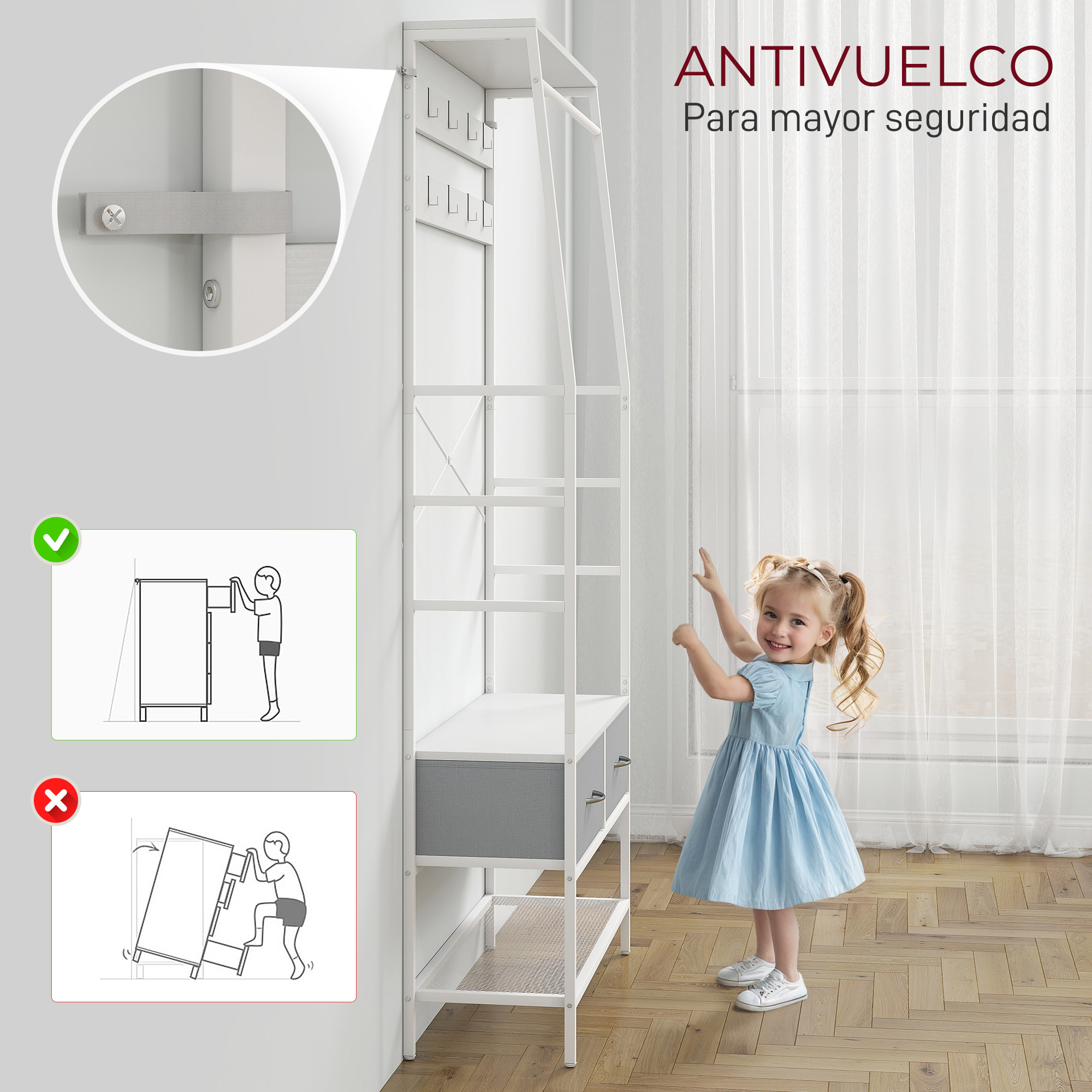 Perchero Zapatero Perchero Entrada Recibidor con Zapatero 8 Ganchos 2 Cajones de Tela Barra Estante de Malla Estilo Industrial para Pasillo Dormitorio Salón 80x30x180,5 cm Blanco