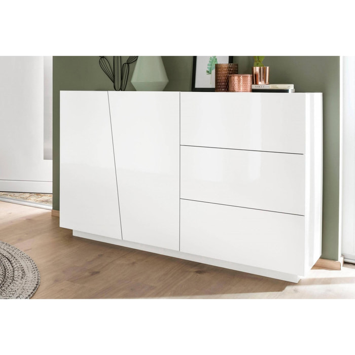 Credenza moderna a 2 ante e 3 cassetti, Made in Italy, Madia da cucina, Buffet di design da soggiorno, cm 141x43h86, colore Bianco lucido