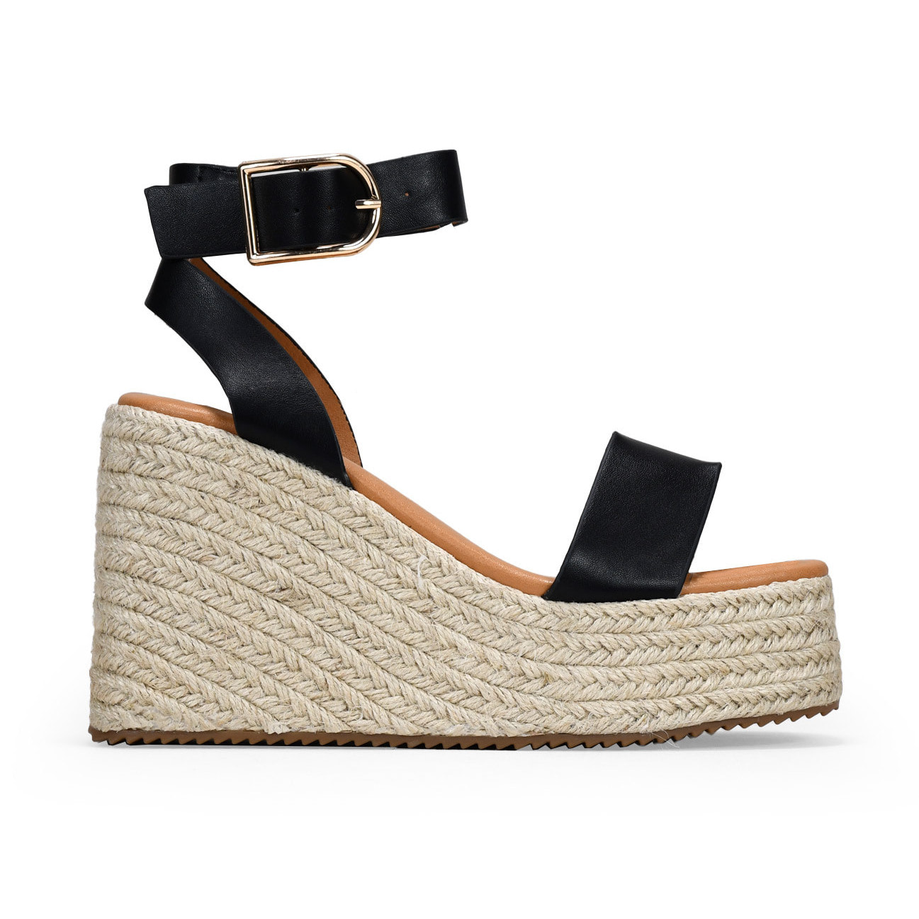 Sandalias negras con cuña y plataforma de esparto