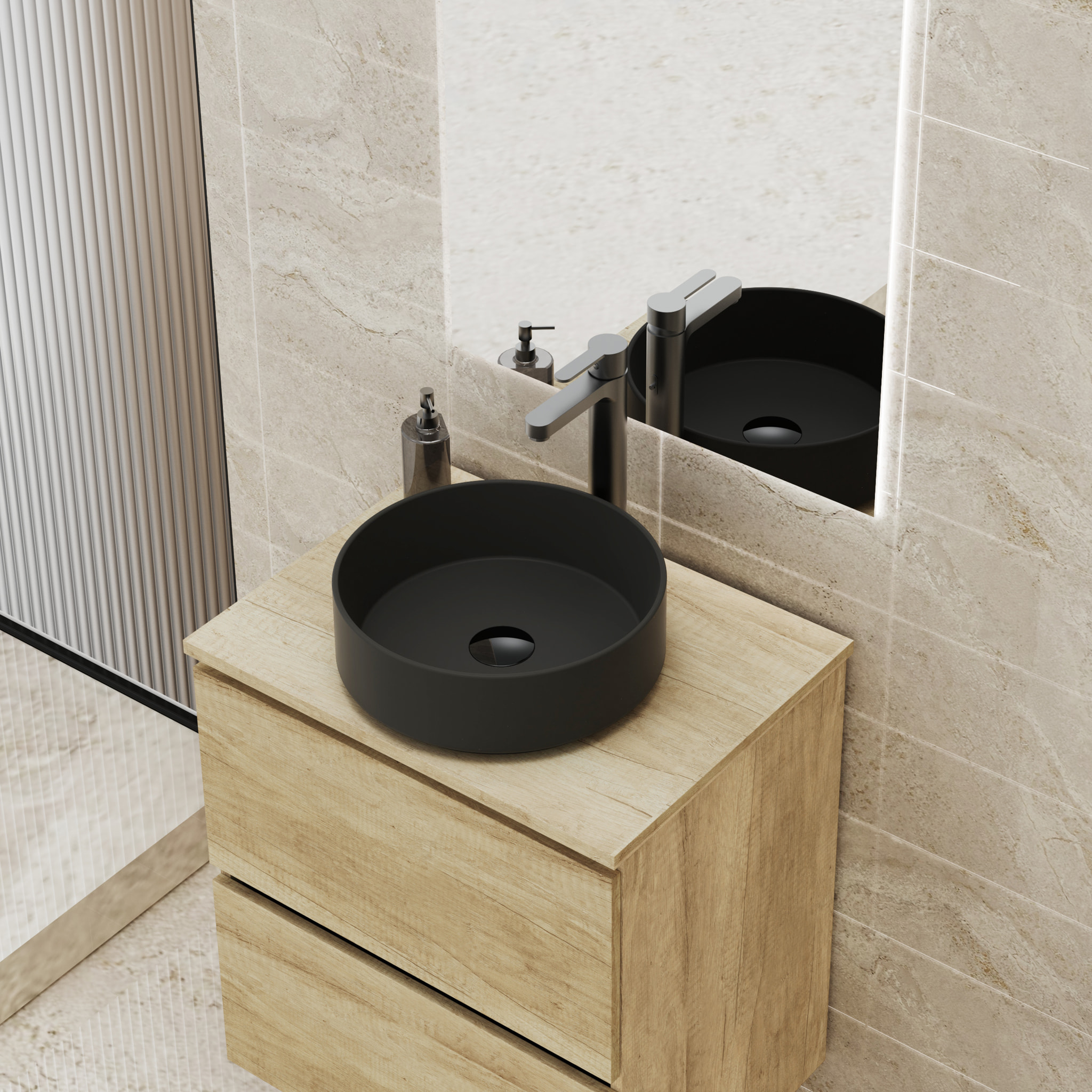 CONJUNTO DE BAÑO GLOOM | MUEBLE DE BAÑO SUSPENDIDO | 70 CM NATURE| DOS CAJONES | LAVABO SOBRE ENCIMERA | MUEBLE MONTADO | ALDAY