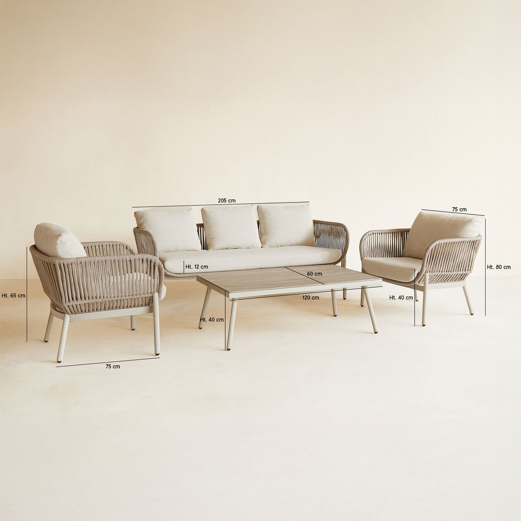 Salon de jardin 5 places en aluminium et corde tissée beige FIGARI