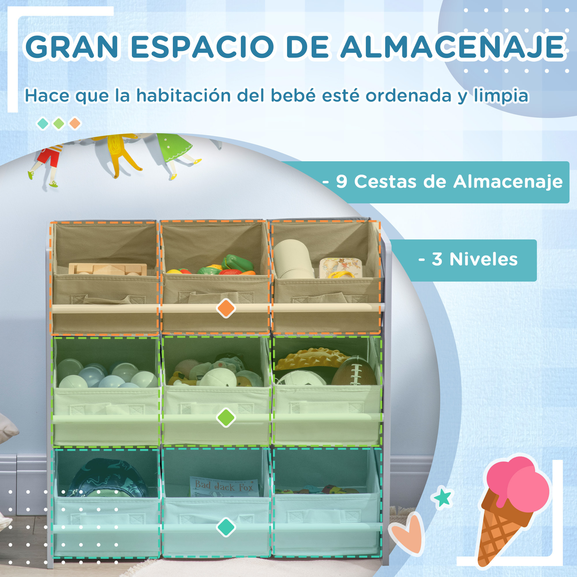 Estantería Infantil con 9 Cajas de Tela no Tejida Extraíbles Organizador de Juguetes para Dormitorio Guardería 63x30x60 cm Gris