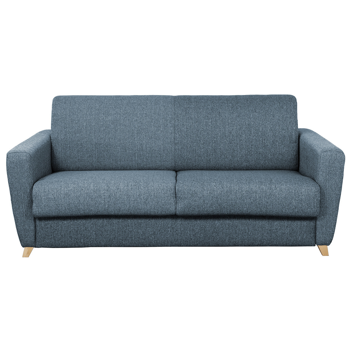 Canapé convertible 3 places en tissu bleu et bois clair avec matelas L140 cm 12 cm GRAHAM