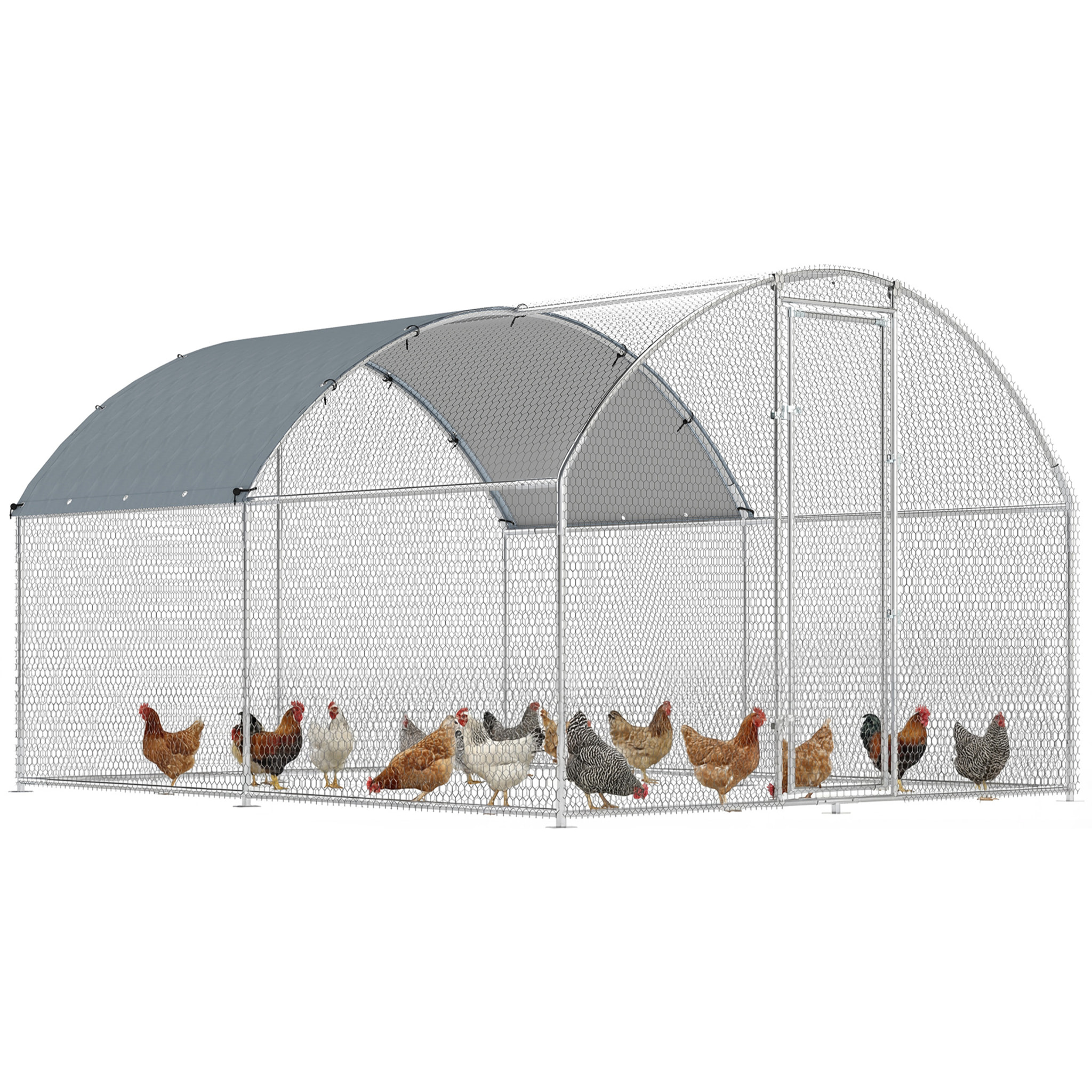 Gallinero para Exterior Grande 2,8x3,4x1,9 m, 9,5 m², Gallinero de Acero Galvanizado con Cubierta de Tela Oxford, Anti-UV e Impermeable, Puerta y Pestillos, Jaula para 10-16 Gallinas, Plata