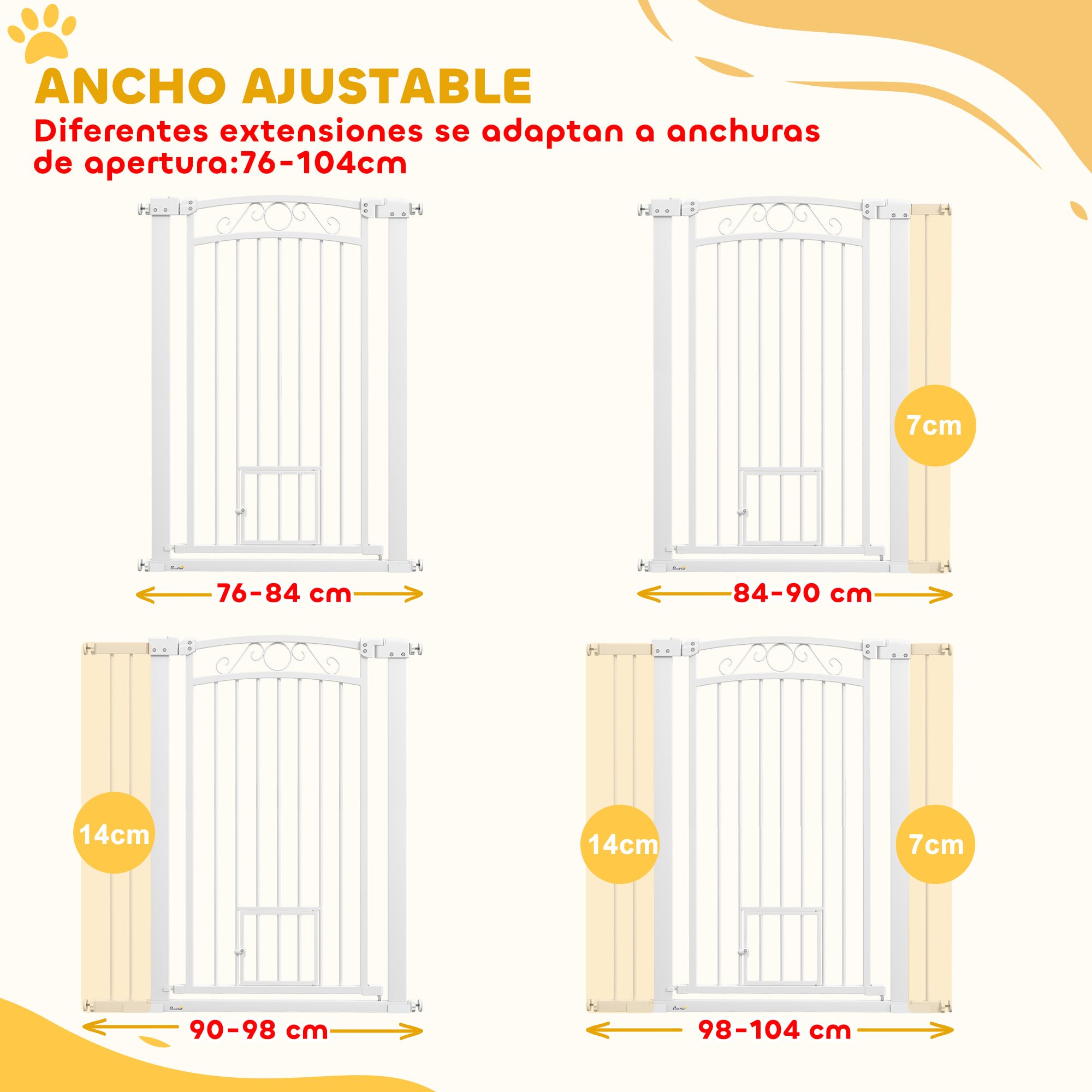 Barrera para Perros Puerta para Perros con Ancho Ajustable 76-104 cm Barrera de Seguridad para Perros con 2 Extensiones Doble Bloqueo y Puerta Pequeña para Escaleras y Puertas Blanco