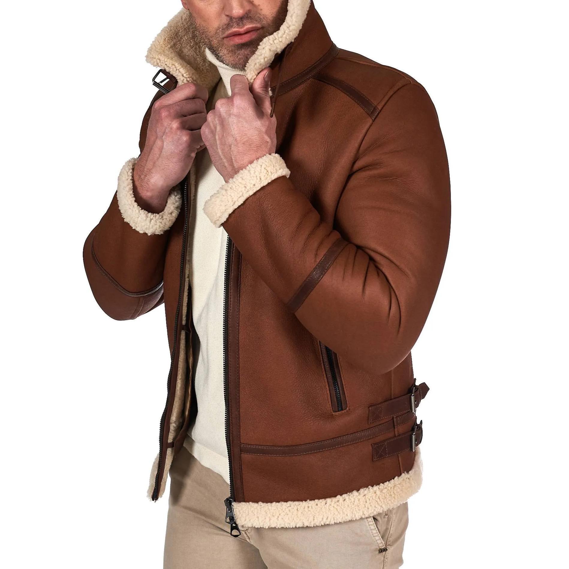 Montone cuoio Shearling biker uomo collo camicia con fibbia