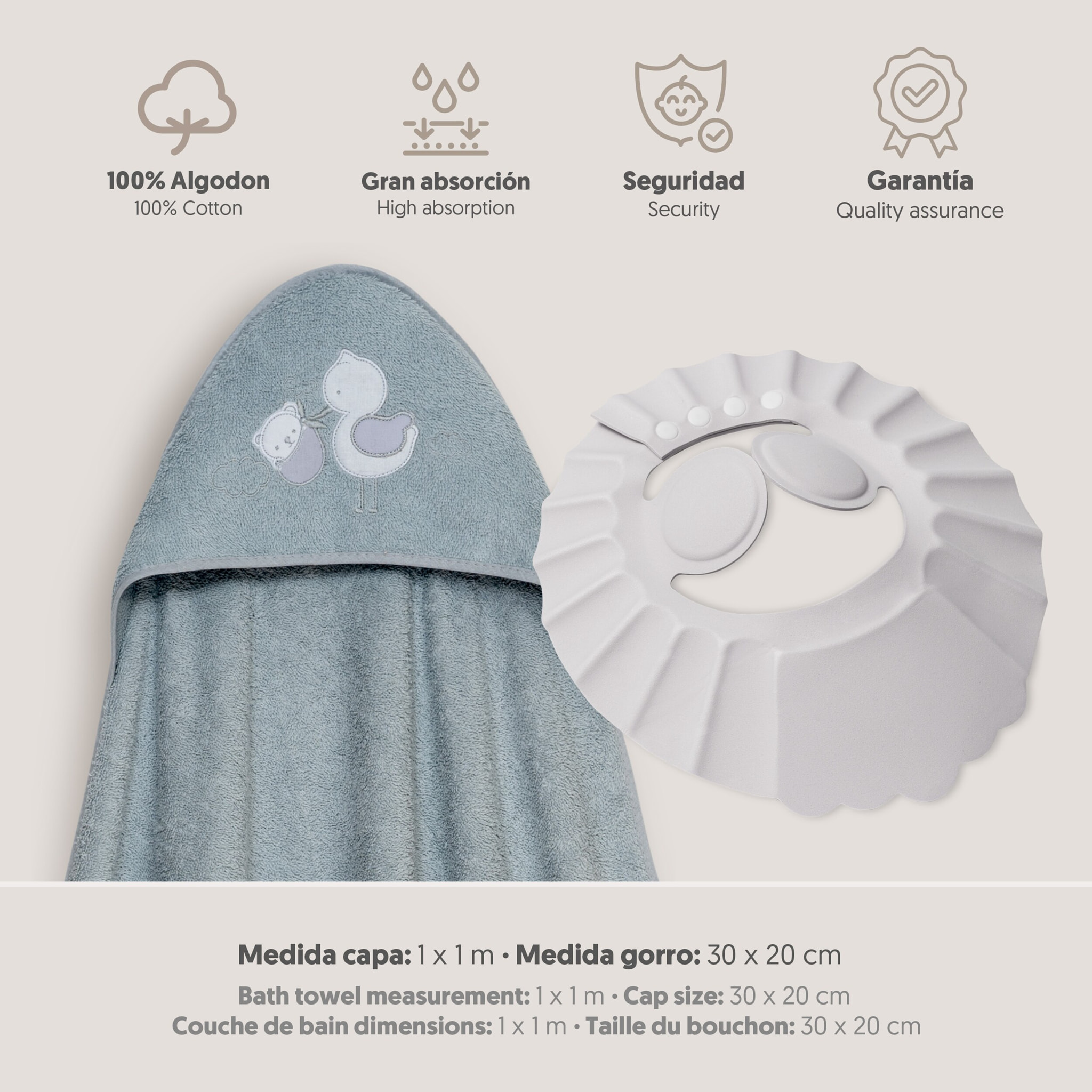 Capa Baño 1X1 Mod Cigueña Oso+Gorro Gris