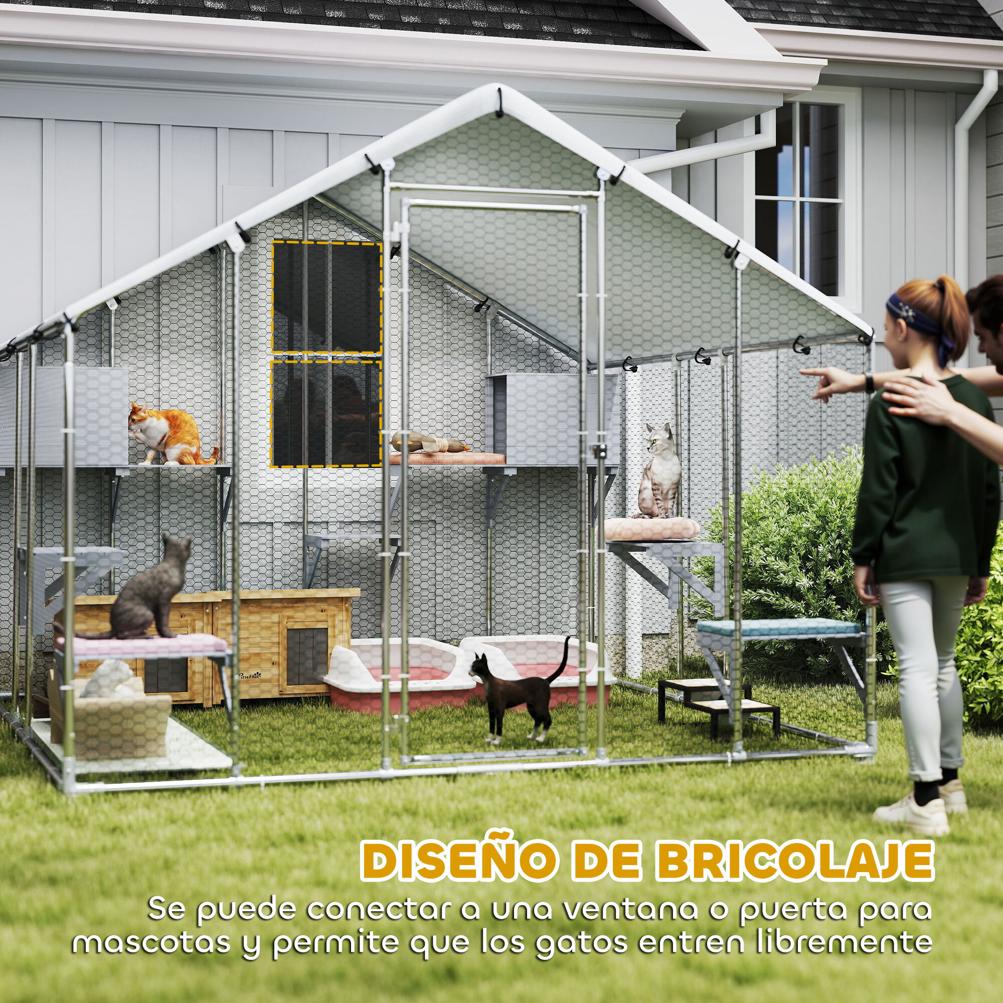 Jaula Grande para Gatos Exterior, Recinto para Gatos con 2 Casitas, 7 Plataformas para Saltar, Cubierta Impermeable y Anti-UV, Parque para 5 Gatitos, Conejos, 240x193x195 cm, Plata