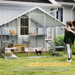 Jaula Grande para Gatos Exterior, Recinto para Gatos con 2 Casitas, 7 Plataformas para Saltar, Cubierta Impermeable y Anti-UV, Parque para 5 Gatitos, Conejos, 240x193x195 cm, Plata