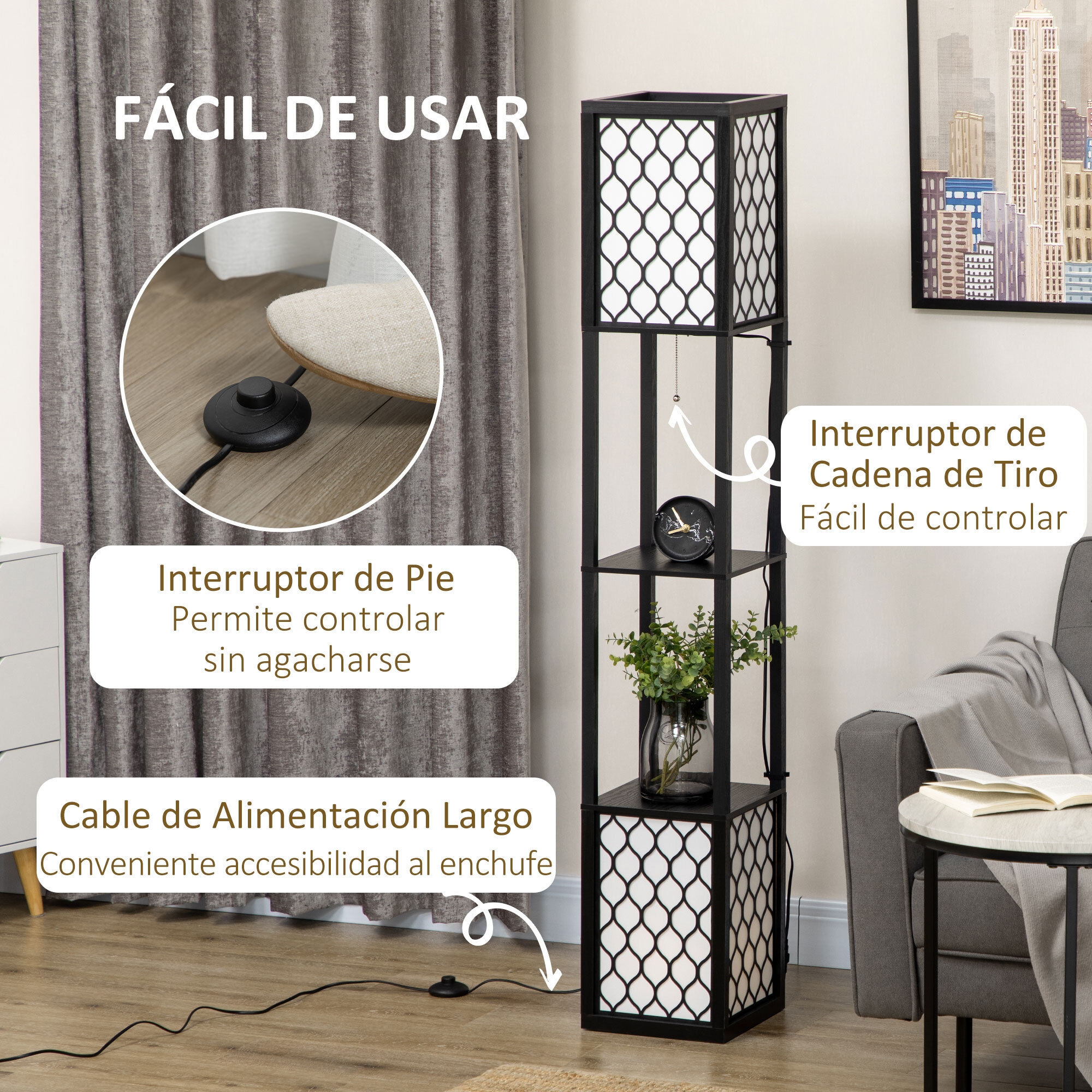 Lámpara de Pie de Madera Lámpara de Pie con Estantes Casquillo E27 Máx. 40W con Interruptor para Salón Dormitorio Oficina 26x26x156 cm Negro y Blanco