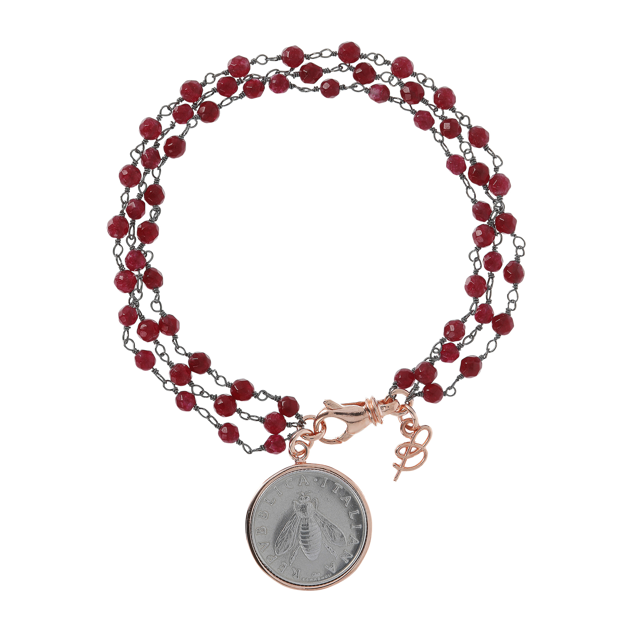 Bracciale Rosario Multifilo con Calcedonio Rosso e Ciondolo Moneta con Ape