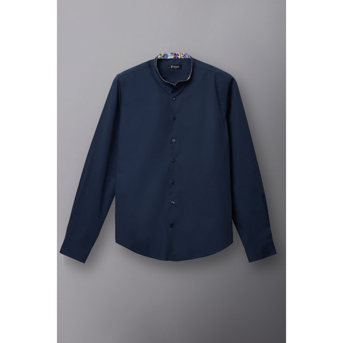 Camicia Uomo Coreano Slim Popeline Stretch Unito Blu