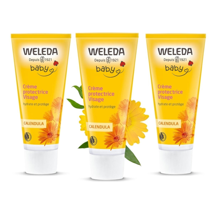 WELEDA - Trio Crème protectrice Visage au Calendula - Hydrate et protège - Certifié Natrue** - Tube 50 ml  x 3