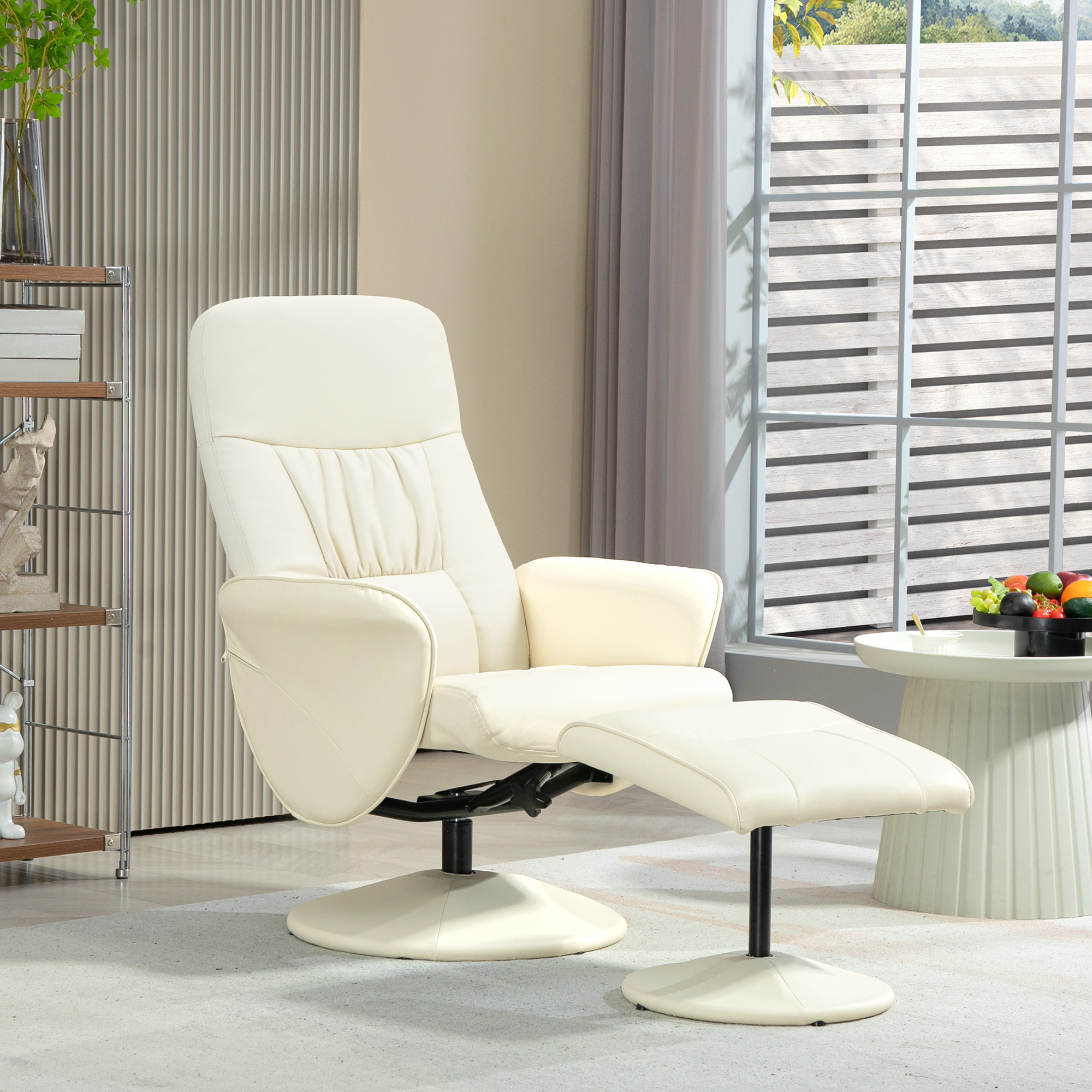 Sillón de Salón con Otomana Reposapiés Tapizado en PU Sillón Relax Reclinable hasta 145° y Giratorio 360° con Respaldo Ajustable para Salón Dormitorio Oficina 76x81x101 cm Blanco Crema