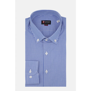 Camicia Uomo 1 Bottone Button Down Slim Popeline Quadro Piccolo Blu\Bianco