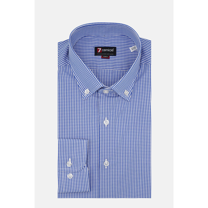 Camicia Uomo 1 Bottone Button Down Slim Popeline Quadro Piccolo Blu\Bianco