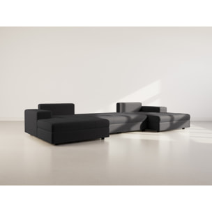 Bastian - canapé panoramique en U 7 places convertible avec coffre en velours texturé - Noir
